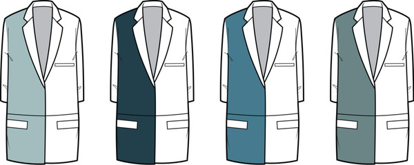 Four Lab Coats Showcasing Different Color Blocking Styles for Professional Attire