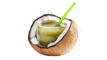 A halved coconut filled with a green liquid and a green straw isolated  on transparent background