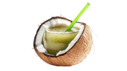 A halved coconut filled with a green liquid and a green straw isolated  on transparent background