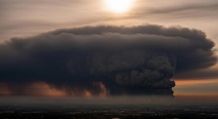 Fototapeta premium Massive plume of dark smoke billows ominously over a hazy cityscape under a dramatic, sunlit sky creating a powerful environmental statement.