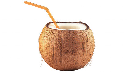 A coconut with a straw isolated  ready to drink the delicious coconut water on transparent background