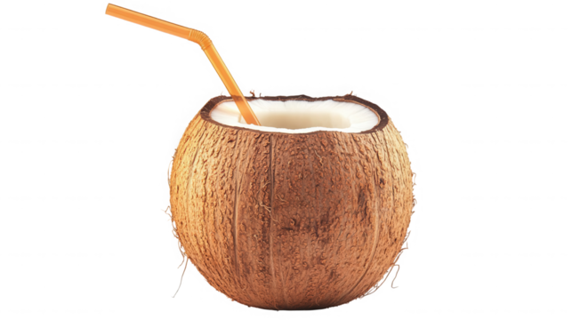 A coconut with a straw isolated  ready to drink the delicious coconut water on transparent background
