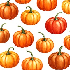Seamless Pattern of Ripe Orange Pumpkins with Green Stems on a White Background.