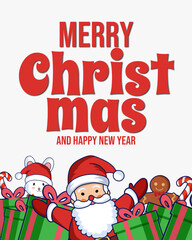 Fun holiday illustration featuring Santa, bunny, and gingerbread man surrounded by gifts and candy canes with bold “Merry Christmas and Happy New Year” text. Perfect for festive cards and posters.