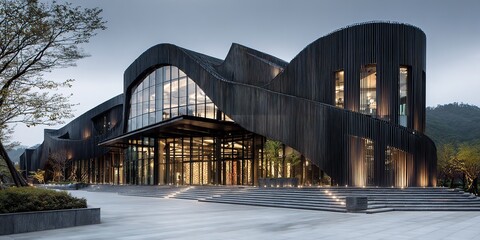 Stunning modern architectural masterpiece featuring unique organic design and dramatic lighting in a serene natural landscape setting