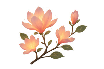 Blooming magnolia branch featuring glowing pink flowers and green leaves on transparent background