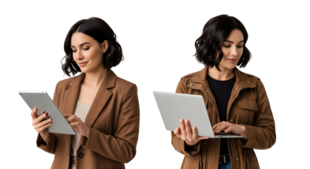 Business Technology: Young Woman Using Tablet & Laptop for Digital Success