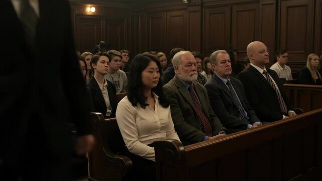 A serious courtroom scene with a focused audience observing a trial.
