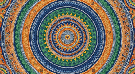 Concentric circles of intricate patterns in blue, green, and orange create a mesmerizing, kaleidoscopic effect.