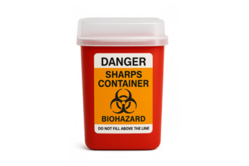 Sharps container with biohazard symbol for medical waste disposal