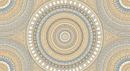 Fototapeta premium Intricate concentric circles pattern with beige, gray, and white colors, creating a detailed and symmetrical design.