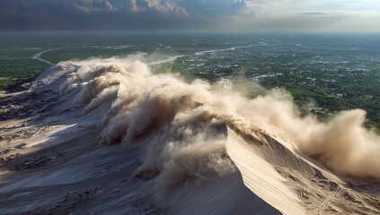 Dramatic sand dune eruption with powerful dust storm engulfing landscape and distant town