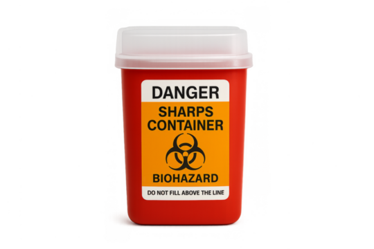 Sharps container with biohazard symbol for medical waste disposal
