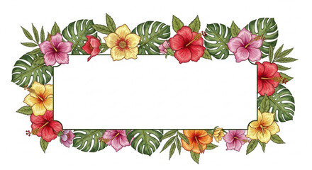 Obraz premium Rectangular frame adorned with colorful hibiscus flowers and tropical monstera leaves.
