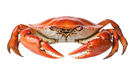 A cooked crab with orange shell and large claws displayed on a black isolated background studio shot on transparent background