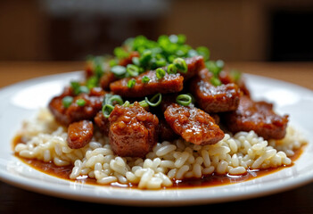 Fluffy rice with tender meat and green onions — simple, natural, and delicious food.