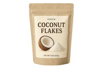 Kraft paper pouch holding coconut flakes with transparent background
