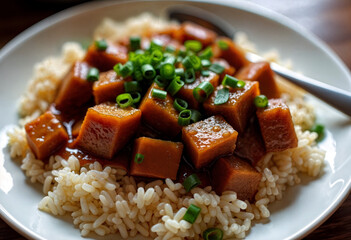 Rice with meat in sauce and fresh onion sprouts — a modern twist on classic Asian flavors.