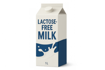 Lactose-free milk carton with splash on transparent background