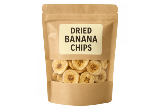 Dried banana chips in kraft stand up pouch