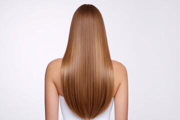 Obraz premium A woman with long brown hair is standing in front of a white background