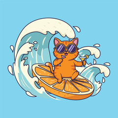 Cute Cartoon Orange Cat Surfing on Citrus Slice with Cocktail . Vector Illustration of Whimsical Tropical Fun