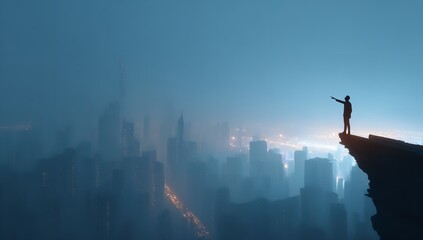 Confident leader surveys expansive city skyline from a dramatic cliff edge, pointing towards future success and opportunity