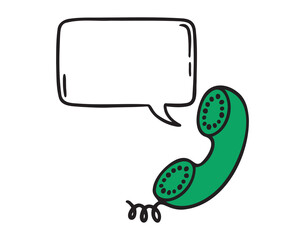 vintage green retro telephone with speech bubble icon doodle hand drawn. Cartoon line drawing clipart symbol