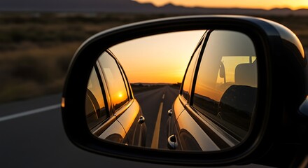 Sunset reflection in a car side mirror on a desert highway road trip.