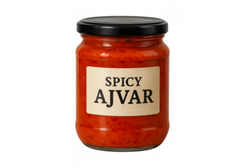 Jar of spicy ajvar balkan condiment on transparent background