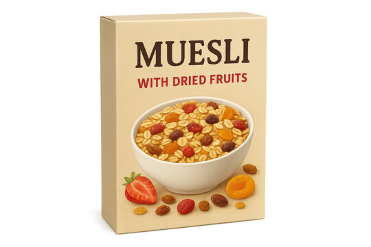 Muesli with dried fruits breakfast cereal box