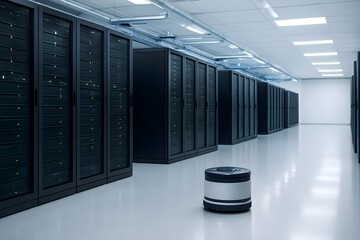 Automated robot navigates a modern data center with rows of server racks, showcasing advanced IT infrastructure and efficiency.
