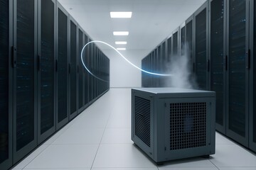Dynamic data transfer visualization in a modern server room, highlighting efficient IT infrastructure and cooling.
