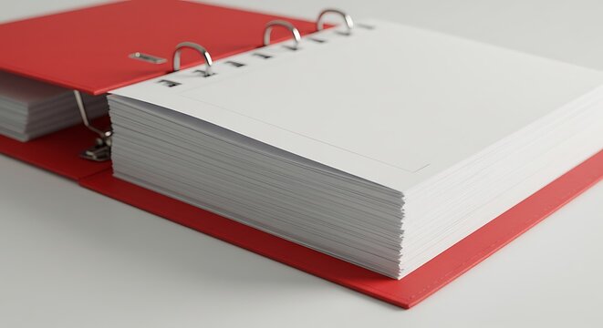 Red binder with white paper sheets, open and ready for use.