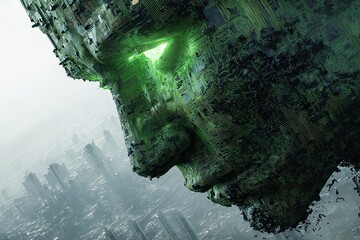 Massive futuristic digital face with glowing green eyes looms over a misty cityscape representing AI dominance and technological advancement