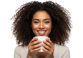 Smiling woman holding a white coffee cup on transparent background