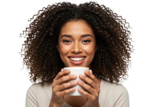 Smiling woman holding a white coffee cup on transparent background