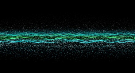 Abstract Digital Waveform with Blue and Green Particles on Black Background.