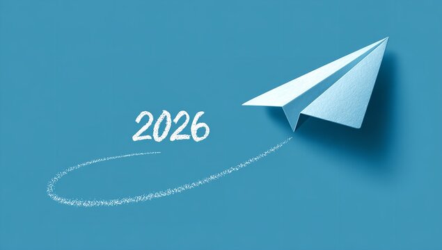 Soar into 2026 with this symbolic paper airplane representing forward momentum, innovation, and future success