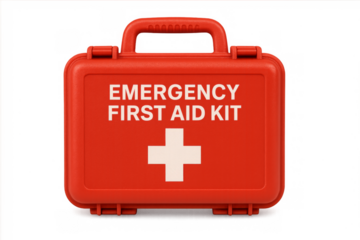 Red emergency first aid kit with white cross