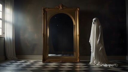 Ghost standing in front of large mirror in room with black and.