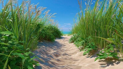 Beach Path, Sand Dunes, Coastal Grass, Ocean View, Summer