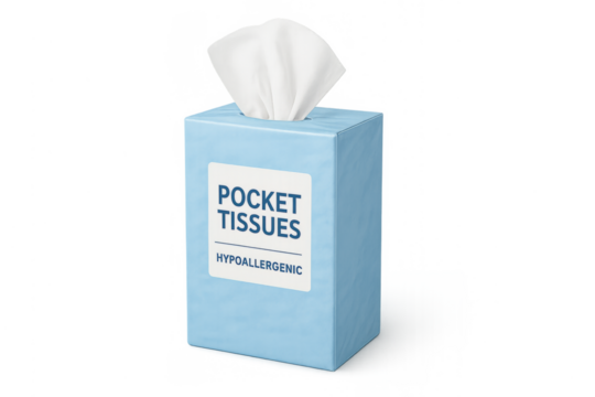 Blue pocket tissues box holding hypoallergenic paper