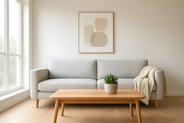 Obraz premium Modern Scandinavian-style living room interior featuring a cozy sofa, natural light, and minimalist decor.