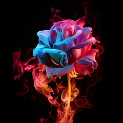 Ethereal Spectrum Rose — Vibrant Multicolor Flower with Glowing Petals and Mystical Smoke on Black Background