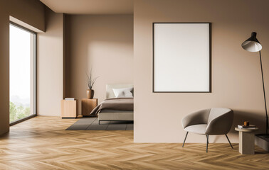 Minimalist bedroom interior with empty poster on beige wall, soft lighting, wooden floor, neutral furniture and decorative elements. 3D Rendering