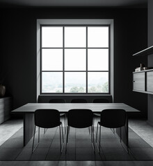 Sleek minimalist conference room interior withtable, chairs and large window, modern style, concrete floor, concept of corporate workspace. 3D Rendering