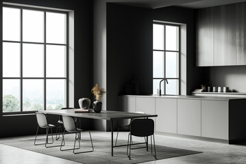 Modern minimalist kitchen and dining area with sleek furniture and large windows, shown in a realistic 3D Rendering on a neutral background interior concept