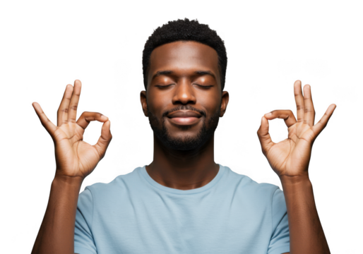 Man meditating with eyes closed isolated on transparent background