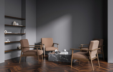 Modern lounge with wooden armchairs, marble coffee table, and artistic decor on shelves, set against dark walls and wooden floor. 3D Rendering